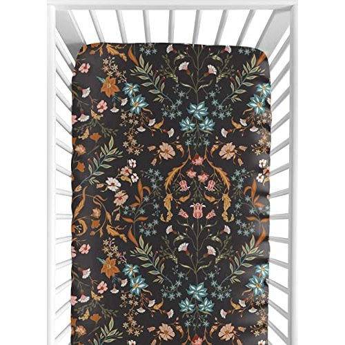 Sweet Jojo Designs Fitted Baby Crib Sheets (Black Wildflower Vintage Floral) for Girls, Infant Nursery, Toddler Room - Standard Size (Boho, Paisley, Bohemian, Cottagecore, Farmhouse, Flower Garden)