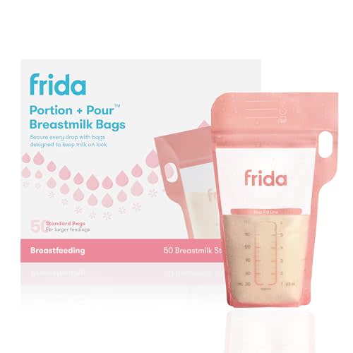 FridaMom Breastmilk Storage Bags, 50ct Standard, 6oz Bag, BPA Free, 6oz Bag | Freeze & Thaw Milk Bags with Leakproof Seal, Perfect Pour Spout, Precise Portions, No-Slip Grip