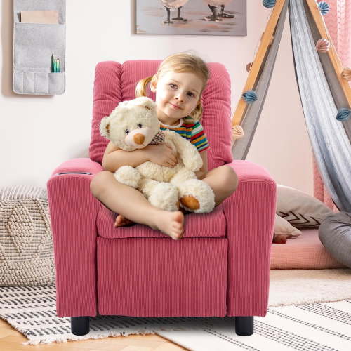 Mini Recliner Chair with Cup Holder, Toddler Recliner with Side Pockets and Non-Slip Footstool, Corduroys Cozy Recliners for Little Ones Room, Little Loungers, Pink
