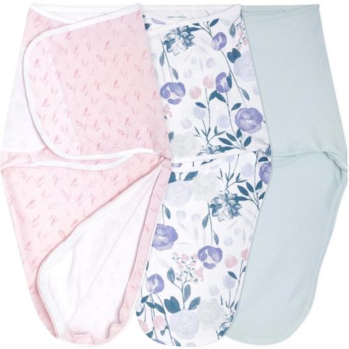 aden + anais Essentials Easy Swaddle Wrap Quick Change with Bottom Zipper, Snug Cotton Knit Baby Wrap Swaddle Blanket for Newborns, TOG 1.0, 3-Pack, Flowers Bloom, 0-3 Months, Small/Medium