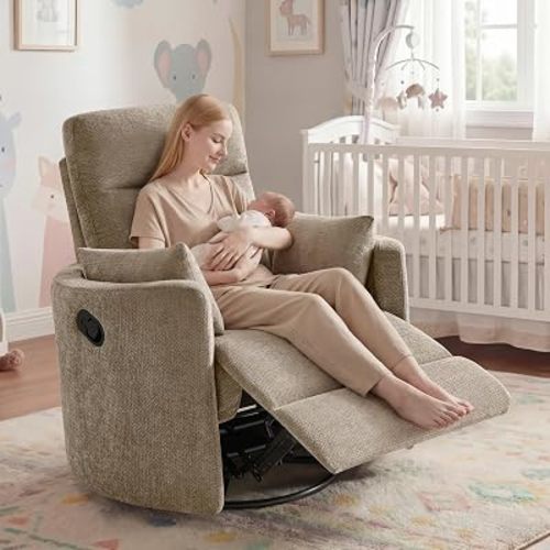 Nursery Rocking Chair, Oversized 360° Swivel Glider Recliner Chair, Upholstered Nursery Rocker with 2 Pillows and Footrest, Cozy Reclining Sofa for Living Room, Bedroom, Nursing, Camel