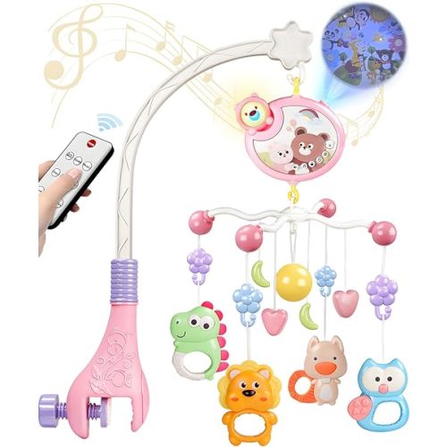 RSEPD Crib Mobile With Music And Lights, Mobiles For Cribs, Baby Mobile Arm Toys Hanging For Bassinets Girls Boys, Nursery Musical Space Portable Infant Mobiles Clip On Pack And Play Hanger 0-6 Months