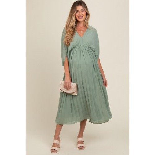 PinkBlush Light Olive Pleated V Neck Maternity Maxi Dress Light Olive Large