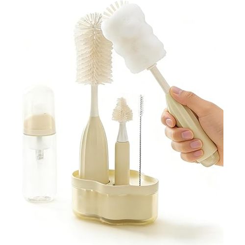 All-in-One Press-to-Foam Silicone Baby Bottle Cleaning Kit with Bottle Brush, Nipple/Straw Brushes, Tabletop Dring Rack, BPA Free for Baby Bottles, Breast Pumps,Small Appliances,Travel-Friendly