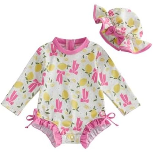 Baby Girl Swimsuit Lemon Bow Floral Ruffle Zip-up Back Rash Guard Swimwear Bathing Suit for Toddler Infant Newborn