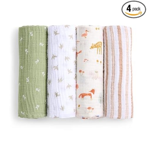 aden + anais Essentials Cotton Muslin Swaddle, Breathable Baby Blanket, Ideal for Boys, Girls, Newborns, Babies & Infants, Receiving Blanket, Soft and Lightweight Wrap, 4 Pack, Sage Woodland