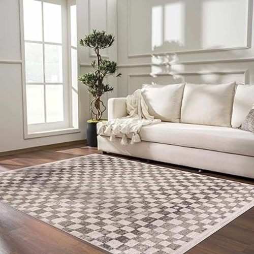 Hauteloom Pertek Modern Checkered Area Rug - Modern Geometric Carpet for Living Room, Kids Room, Nursery - Bohemian Boho Carpet - Brown, Beige, Cream - 5'3" x 7'