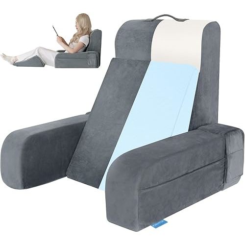 Kayfia Reading Pillow, 10 in 1 Back Pillow for Bed Sitting up with Detachable Arms Rest, Back Rest with Gel Memory Foam, Reading/Gaming/Working in Bed or Couch 19", Gray