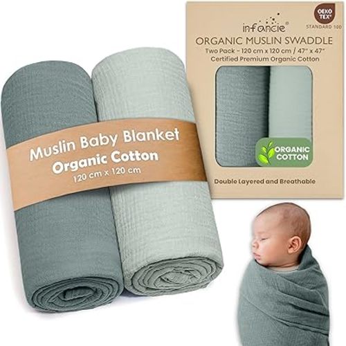 Organic Cotton Muslin Baby Blanket - 47x47 Inch Breathable Swaddle, Hypoallergenic Double-Layer, Versatile Use (Green/Mint Green, 47x47 Inch)