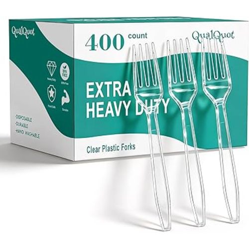 400 Extra Count Heavy Duty Clear Plastic Forks, Solid and Durable Disposable Forks, BPA-Free and Heat Resistant, Premium Disposable Fork for Daily Use and Party
