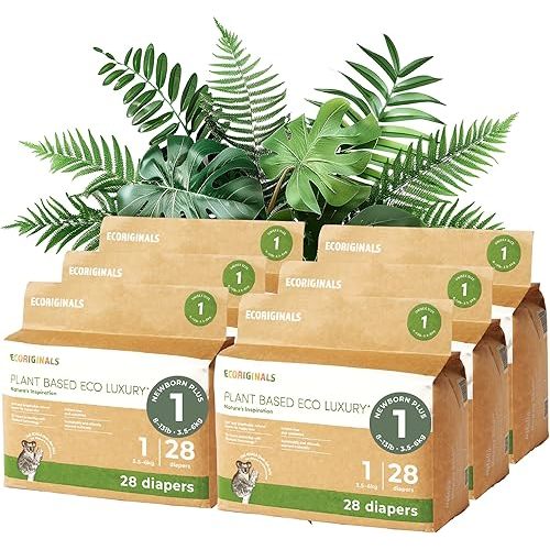 Ecoriginals - 168 Eco Newborn Diapers - Baby Diapers with 100% Plant-Based Layers, Disposable & Hypoallergenic Baby Essentials for Newborn - Secure Fit Plus Size 1 Diapers (8-13lb), 6 Pack