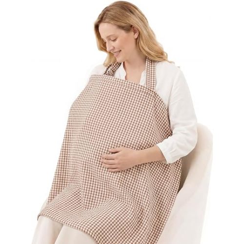 Blissful Diary Muslin Nursing Cover for Breastfeeding, Breathable Breastfeeding Cover up with Arch Neckline for Women, Nursing Apron (Brown Gingham)