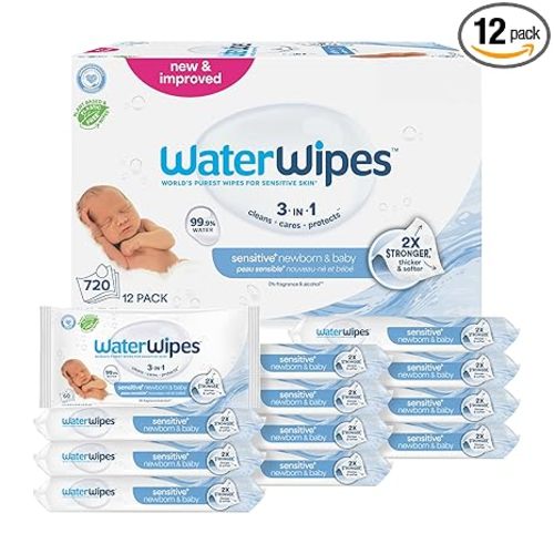 WaterWipes Sensitive+ Newborn & Baby Wipes, 3-In-1 Cleans, Cares, Protects, 99.9% Water, Unscented & Hypoallergenic, 720 Count (12 Packs)