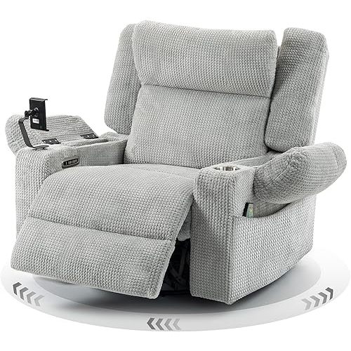 Power Oversized Swivel Rocker Recliner with Dual Motor Adjustable Headrest for Adults, Glider Rocking Chair with Vibration and Heat, USB A&C Ports, Armrest Storage, Cup Holder, Light Grey