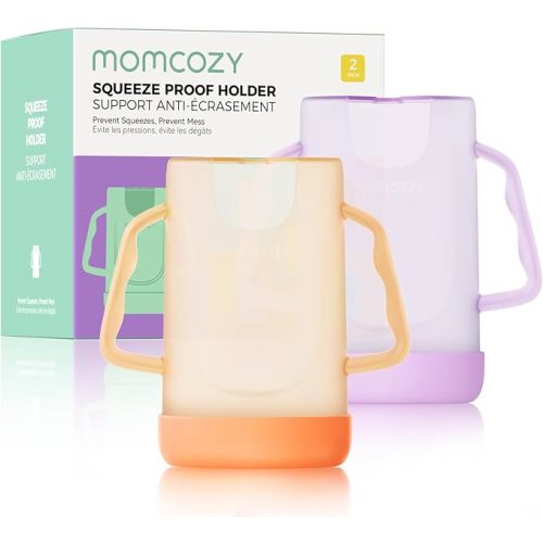 Momcozy Baby Pouch Holder No Squeeze, Baby Food & Juice Box Holder, Mess-Free, Easy Grip for Self-Feeding, BPA-Free & DEHP-Free, Must-Have for Babies, Violet&Orange 2Pcs