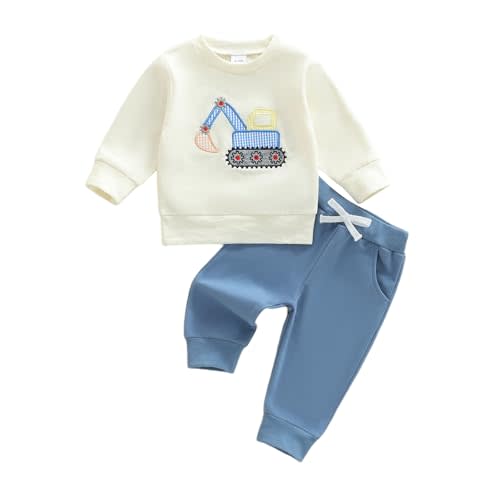 FOCUSNORM Toddler Baby Boy Fall Winter Outfit Excavator Embroidered Long Sleeve Sweatshirt Elastic Jogger Pant 2 Pcs Clothes