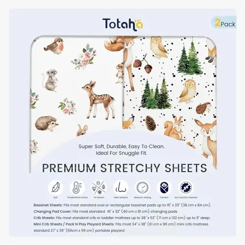 TotAha Premium Soft Bassinet Sheet for Boy Girl, Super Stretchy Jersey Knit Bassinet Fitted Sheet, Compatible with Halo, Maxi COSI, Mika Micky, SNOO, and Other Bassinet, 2 Pack (Forest Animals)