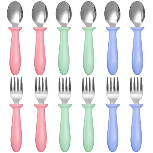 12 Pieces Toddler Utensils, Toddler Forks and Spoons, Kids Silverware Set with Plastic Handle Stainless Steel Silverware, Dishwasher Safe