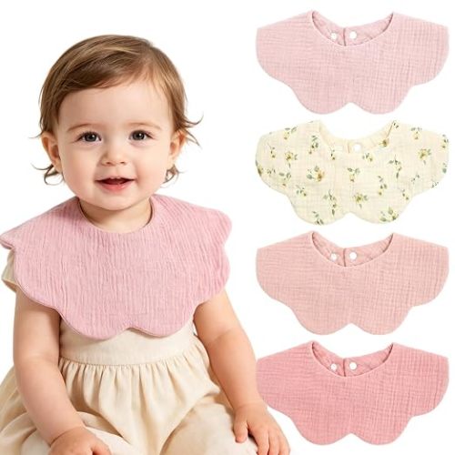 Muslin Baby Bibs, 4 Pack Bibs for Baby Girl, Adjustable 100% Cotton Soft Drool Bibs for Toddlers, Newborn Baby Girl Bib for Drooling and Teething