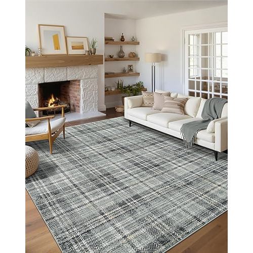 Washable Rugs 9 x 12 Rug for Living Room Soft Bedroom Rug Modern Plaid Large Area Rug Non Shedding Non Slip Throw Rugs Stain Resistant Carpet for Dining Room Nursery 9'x12' Greenish Grey
