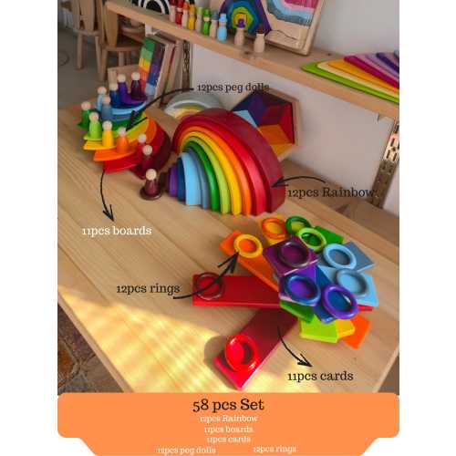 Wooden Rainbow Stacker Large | Montessori Learning Material | Waldorf Inspired Rainbow Open Ended Wooden Set | Peg Dolls Rings Balls