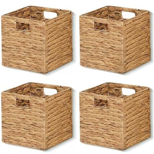 11x11x11in Storage Baskets Wicker Cubes Set of 4 Baskets ,Foldable Water Hyacinth Baskets,Handwoven Storage Baskets for Shelves,Kitchen or Outdoor