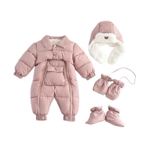 Baby Boys Girls Snowsuit Winter Hooded Fleece Jumpsuit Newborn Warm Footed Coat Outerwear with Gloves Pink 3-6 Months