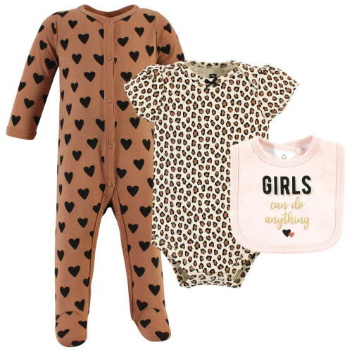 Hudson Baby Infant Girl Cotton Sleep and Play, Bodysuit and Bandana Bib Set, Cinnamon Hearts, 3-6 Months