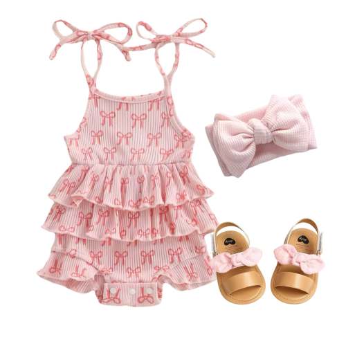 Bow-Print Ruffle Romper (Pink)