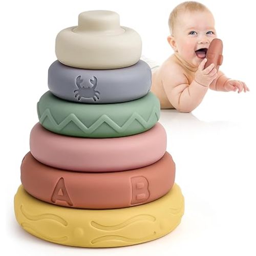 Mini Tudou 6 Pcs Stacking & Nesting Circle Toy,Soft Building Rings Stacker & Teethers,Squeeze Play with Early Educational Learning Stacking Tower, Toy for 6+ Months Boys&Girls
