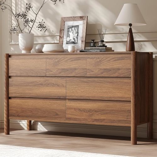51.1" Wide Walnut 7 Drawer Dresser for Bedroom with Solid Wood Legs