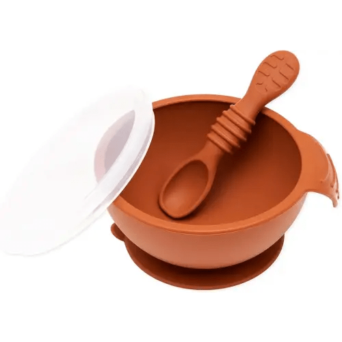 Bumkins Feeding Set with Suction, Includes Spoon and Lid, Training Essentials for Baby-Led Weaning, Toddler Self-Feeding, Babies Eating at 4 Mos Up, Clay