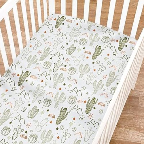 Boho Sunrise Cactus Fitted Baby Crib Sheet Boy Girl 52"x28" Western Cactus Desert Southwest Mountains Sun Rainbow Soft Breathable Crib Mattress Cover Baby Sheet for Standard Crib and Toddler Mattress