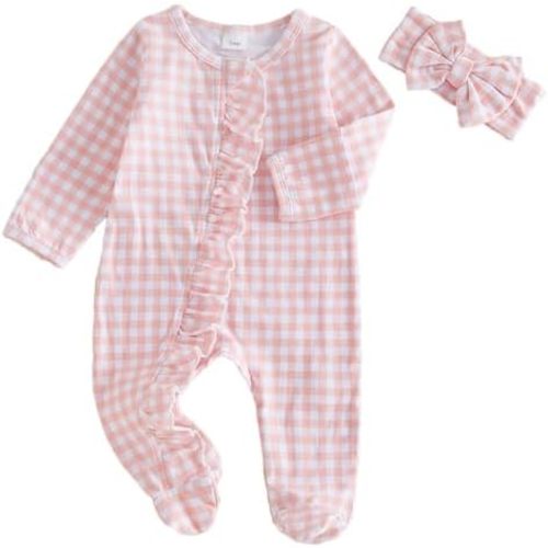 Newborn Baby Girls Plaid Sleeper Footed Pajamas Going Home Outfits Footies