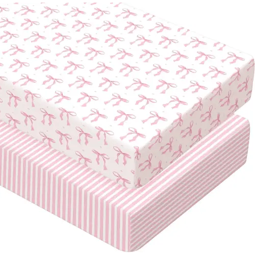 Peryiter 2 Pack Crib Sheets for Girls Boys Coquette Bed Sheet Set Fitted 52'' x 28" for Standard Crib Mattress Stretchable Soft Toddler Aesthetic Nursery Decor (Bow,Pink)
