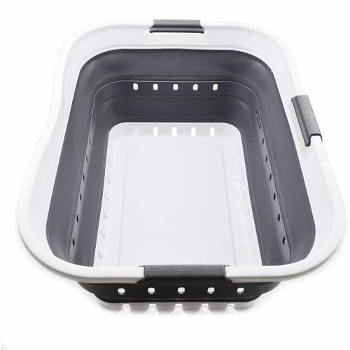 SAMMART 42L (11 gallon) Collapsible Plastic Laundry Basket - Foldable Pop Up Storage Container/Organizer - Space Saving Hamper/Basket (1, White/Grey)