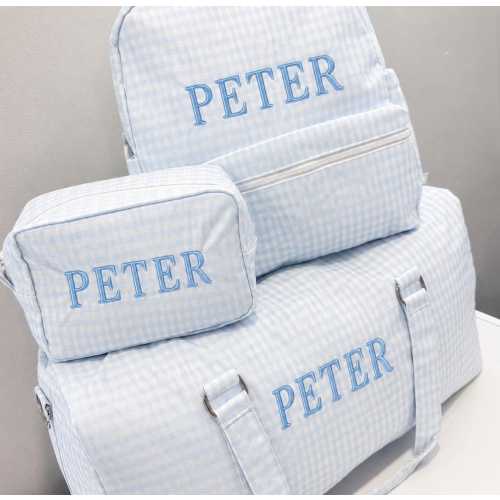 Blue Gingham Backpack, Duffle Bag, Sports Bag, Personalized, Embroidery, Kids Sleepover Bag,  Kids Travel, Matching Set, lunch bag