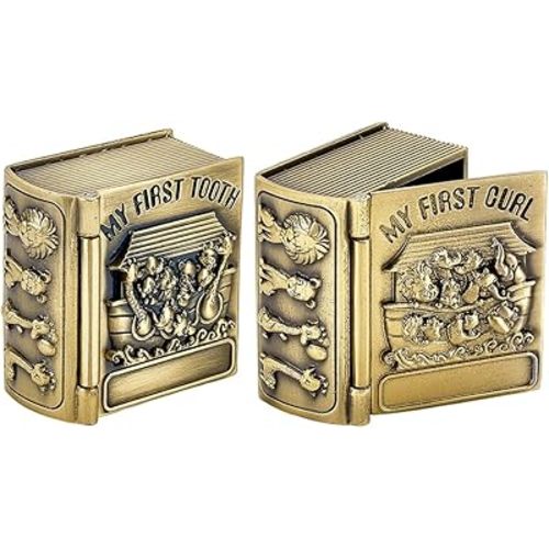 FINGERINSPIRE 2PCS My First Curl and My First Tooth Keepsake Box Antique Bronze Book Shaped Teeth Collection Organizer Holder First Curl and Tooth Keepsake Box for Babies to Keep The Childhood Memory