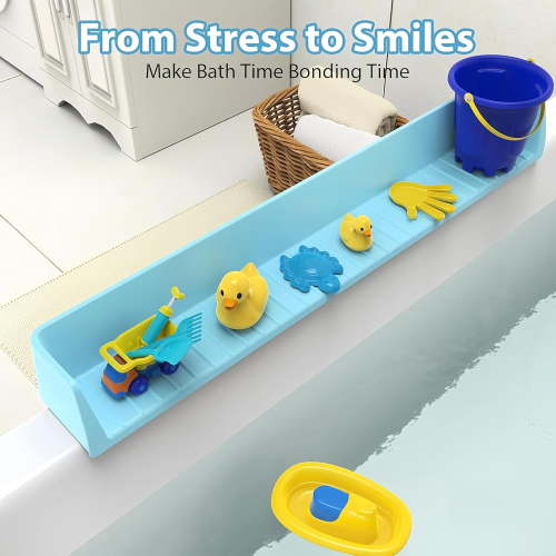 31 Inch Bathtub Water Splash Guard, Flexible Silicone Bath Toy Tray Holder with Strong Suction Cups, No Leak, Bathroom Essentials Shelf for Toddlers Baby Kids (Grey)