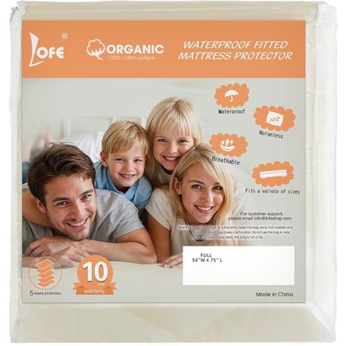 Lofe Organic Crib Mattress Protector - Top&Side Waterproof, 100% Waterproof Crib Mattress Protector, Breathable Cotton Toddler Mattress Protector, Baby Crib Mattress Cover Fitted 52x28x9 in
