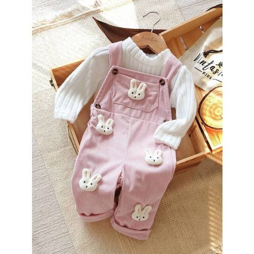 Vintaside Kids 2pcs/Set Baby Girls Solid Color Long Sleeve Top And Rabbit Decor Sleeveless Bib Pants Jumpsuit | SHEIN USA