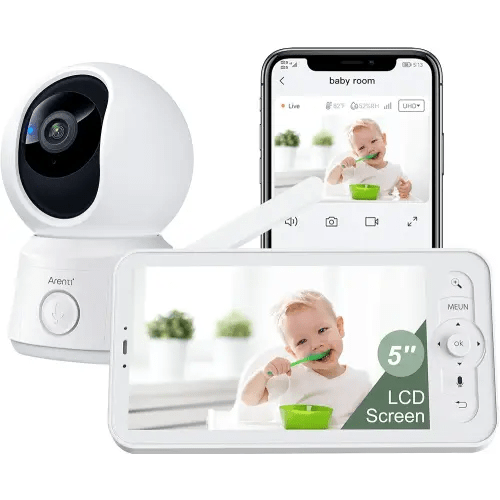 ARENTI Video Baby Monitor with Camera and Audio, 5-inch Smart Baby Camera Monitor with Free Phone App, 1080P, VOX, PTZ, One-Touch Call, Temp Sensor, Lullaby, Night Vision, Auto Tracking, 2-Way Talk