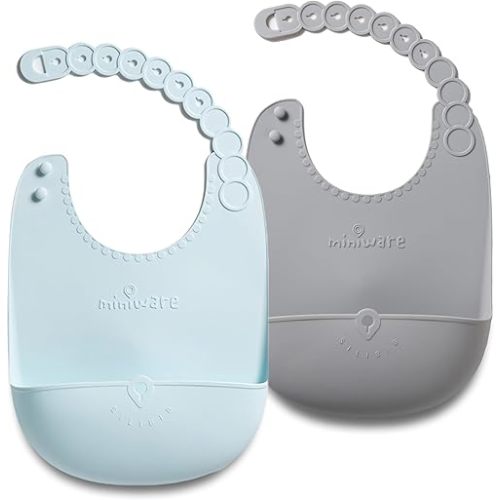 Miniware Roll & Lock Silicone Baby Bib, Easy Mealtime Cleanup - Food-Grade Adjustable Neck Strap and Food Catcher