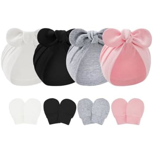 Zando 4PCS Big Bow Baby Hats and Mittens Newborn Hat Essentials Cotton Infant Hospital Hat Baby Turban for Girls Boys 0-2T