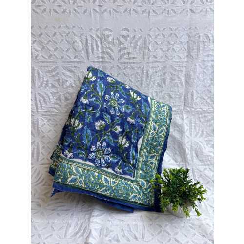 Blue Floral Baby Quilt Blanket, Hand Block Printed Cotton, 44x70 Inches