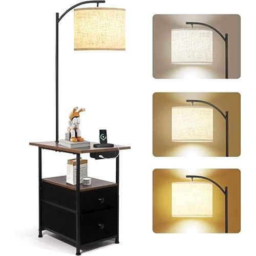 PESRAE Floor Lamp with Table & 2 Drawers, End Table with 3 Color Temperature Reading Light, Side Table Lamp with USB & Type C & AC Charging Port for Living Room, Bedroom