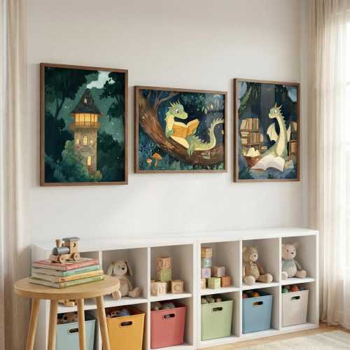 Nursery Wall Art, Reading Dragon, Whimsical Forest Decor, Magical Library Illustration, Storybook Dragon Prints, Set of 3