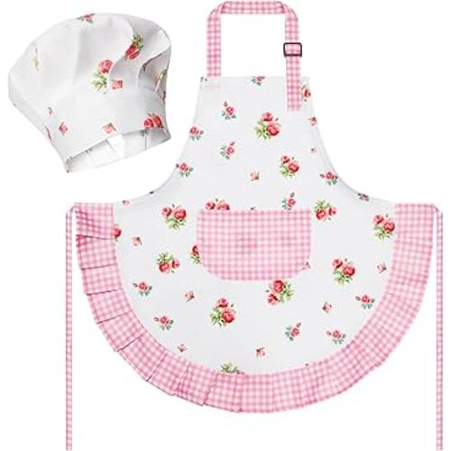 R HORSE Kid Apron and Chef Hat Set - 2Pcs Plaid Floral Adjustable Children Kitchen Toddler Apron for Girls, Role Play Chef Toy Cooking Baking Painting and Training Kit Kid Funny Cooking Birthday Gift