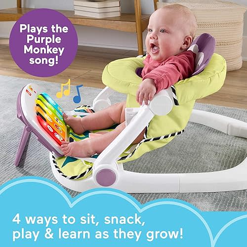 Fisher-Price Portable Baby Chair Kick & Play Deluxe Sit-Me-Up Seat with Piano Learning Toy & Tray for Infants to Toddlers, Purple Monkey