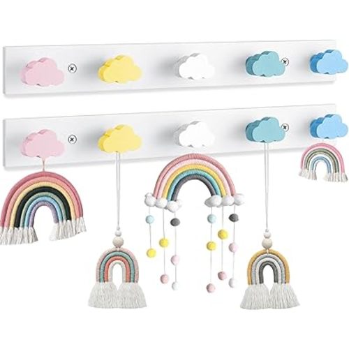 Maitys 2 Pcs Kids Coat Rack Wall Mount Kids Wall Hooks Rainbow Coat Rack Hooks for Boys Girls Toddler Cute Bathroom Decor Colorful Backpack Hanger Supplies for Clothes Hat Towel in Bedroom(Cloud)